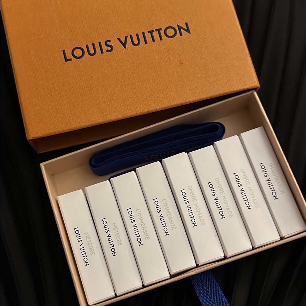 Louis Vuitton fragrance samples with box and ribbon